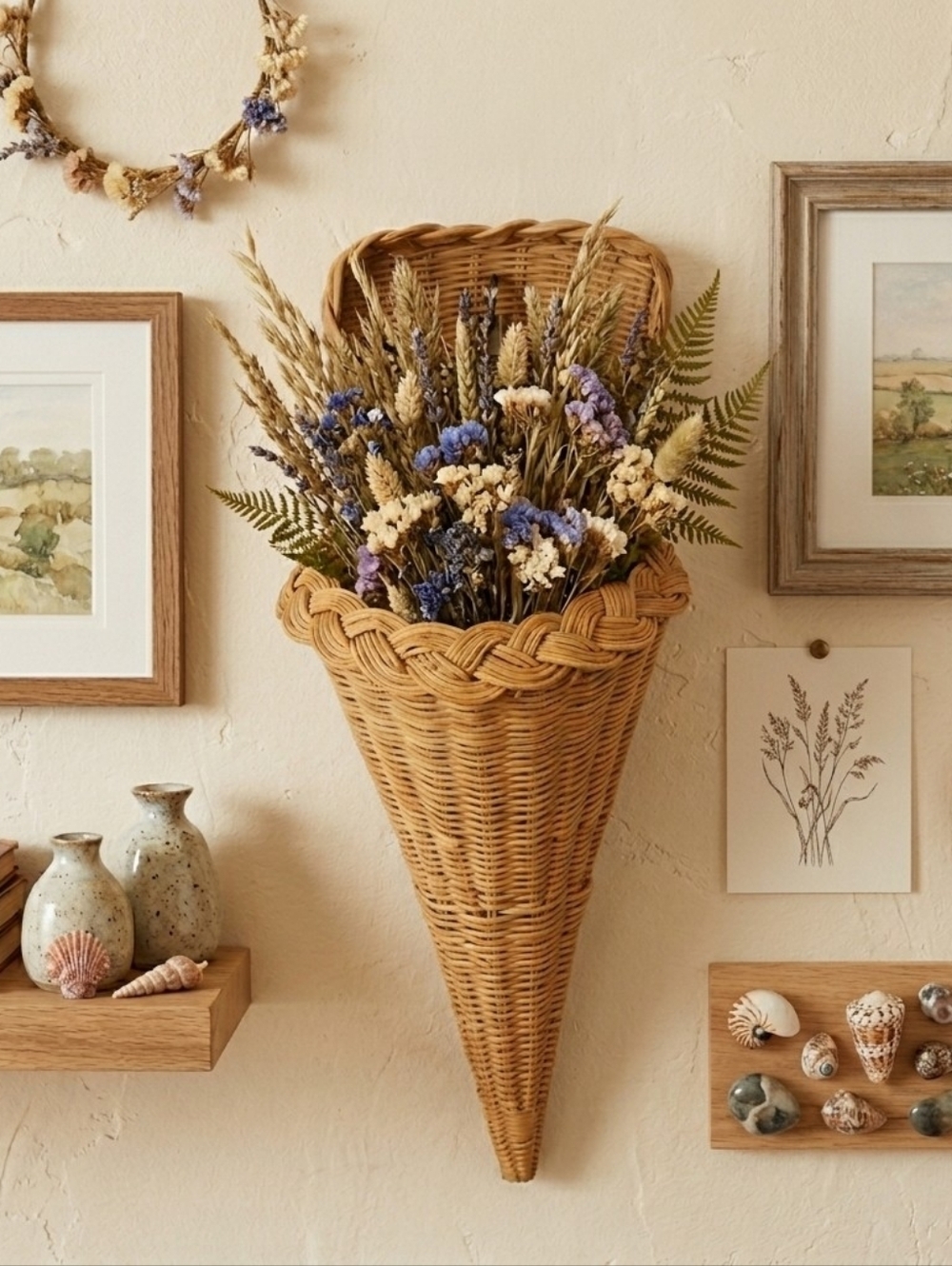Vintage Wicker Cornucopia Wall Mount Cottagecore Farmhouse Kitchen Decor Storage